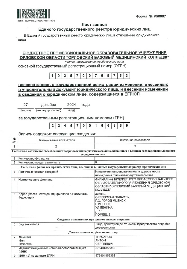 Лист записи о внесении изменения в Устав